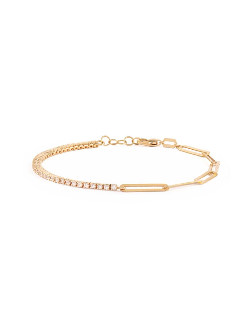 18K Gold Half Diamond Tennis Half Paperclip Bracelet - 3 sizes