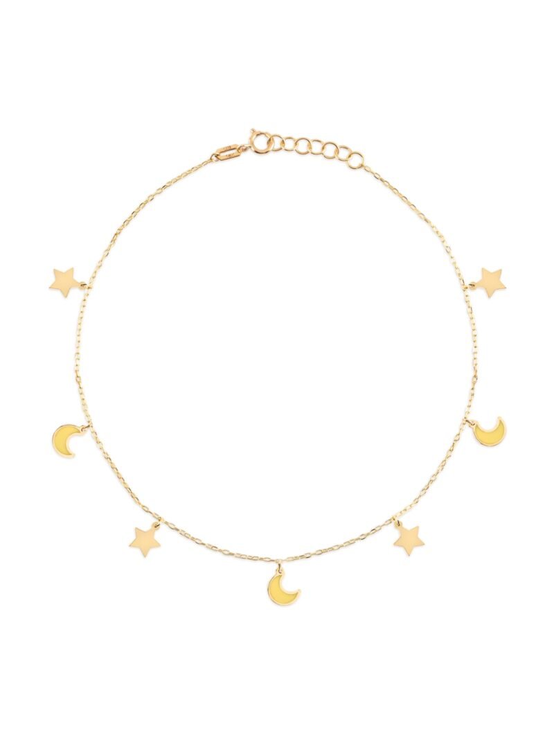 18K Gold Dangling Enamel Moon Star Anklet