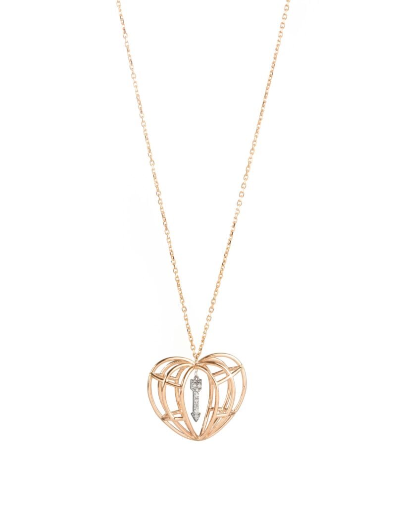 18K Gold Double-Sided  Diamond “Cupid Heart” Cage Necklace