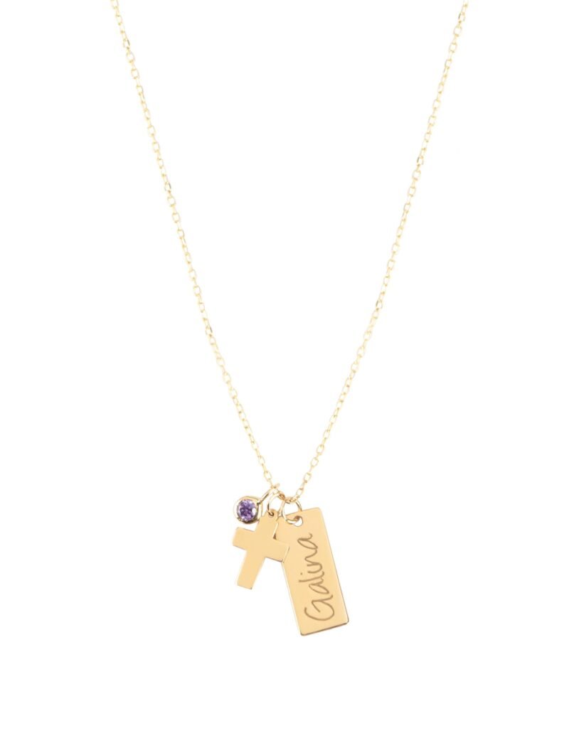 18K Gold Customized Cross & Birthstone Kids Necklace