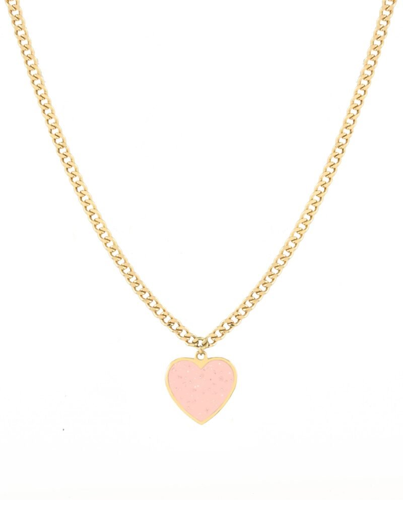 18K Gold Cuban Link Glitter Enamel Heart Necklace