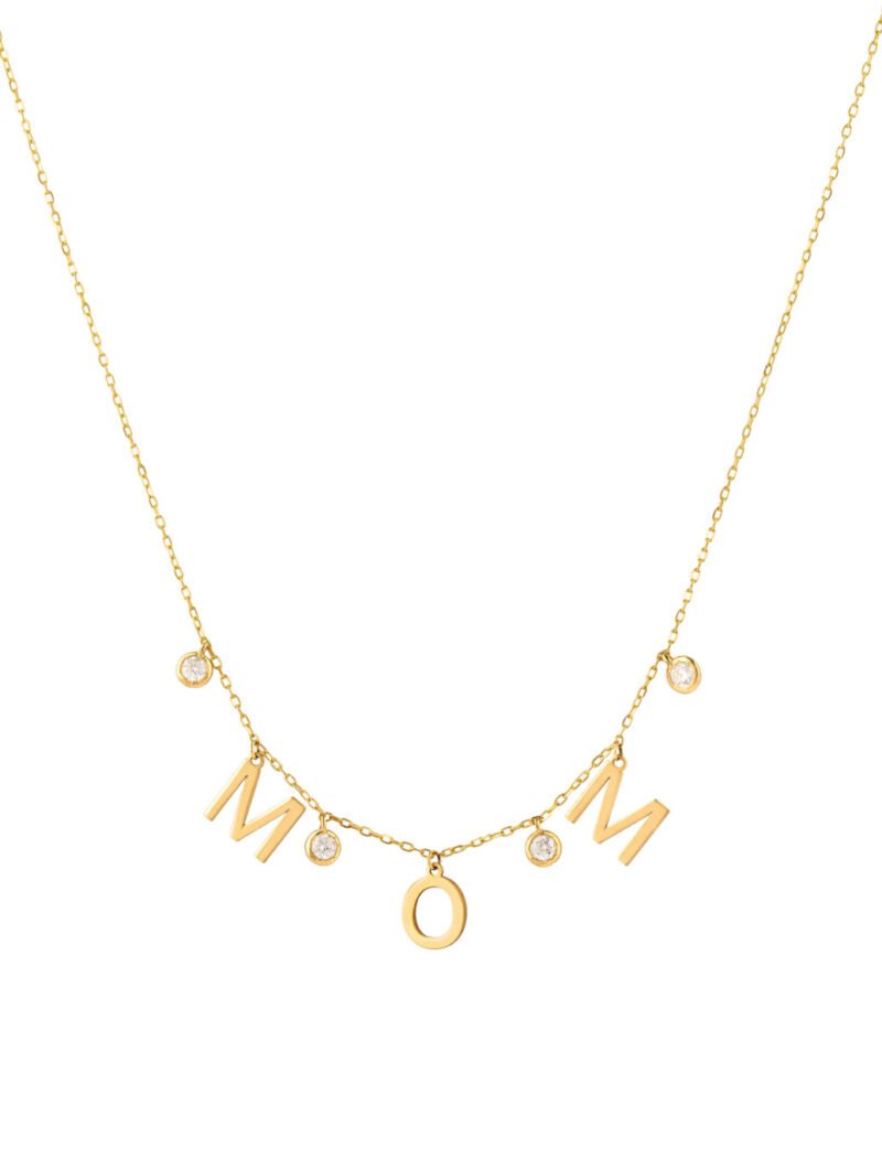 18K Gold Dangling Bezel Mom Necklace