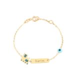 18k Gold Customized Plate, train & evil eye bead Newborn Bracelet