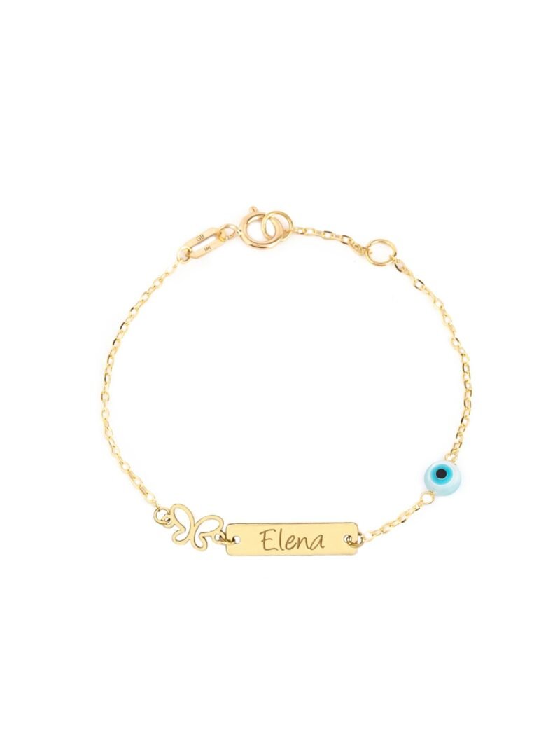 18k Gold Customized Plate, butterfly & evil eye bead Newborn Bracelet