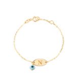 18K Gold Customized Newborn Plate Bracelet With Dangling Evil Eye Bead