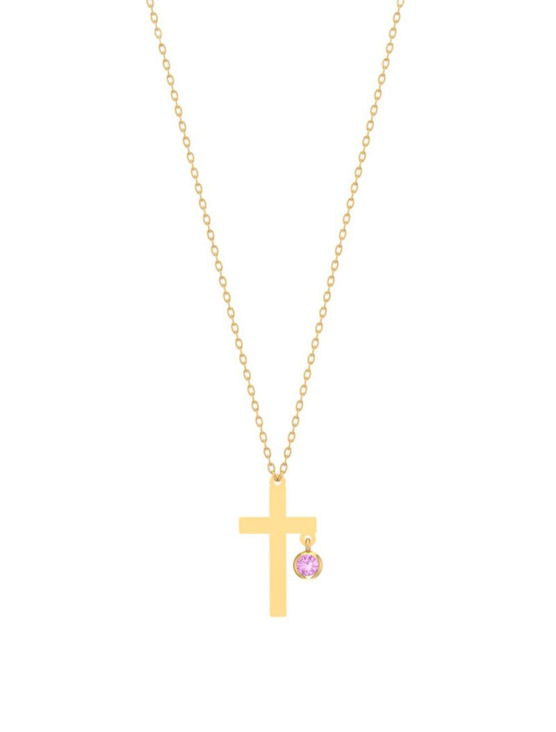 18K Gold Birthstone & Cross Kids Necklace