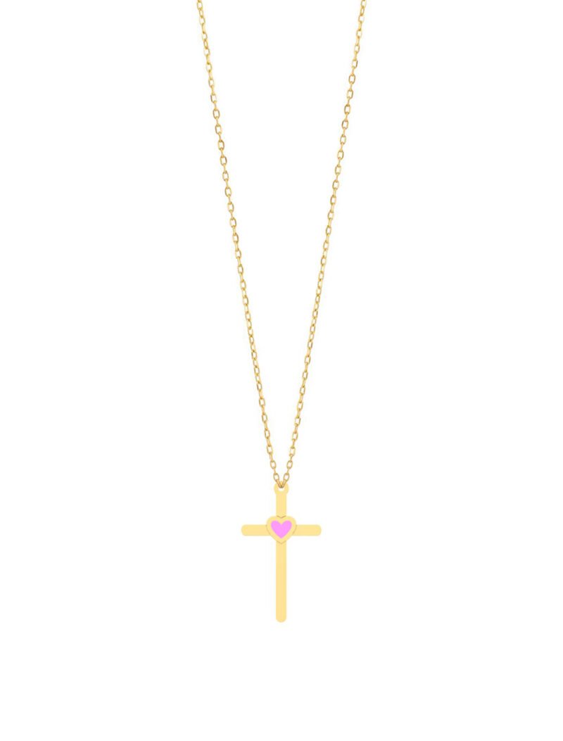 18K Gold Cross With Heart Detail Kids Necklace