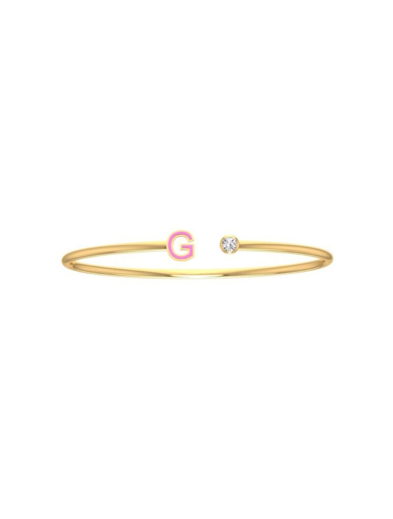 18K Gold Newborn Enamel Initial Open Bangle Flex Bracelet