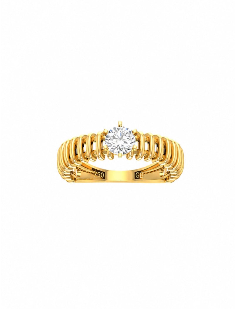 18K Gold Striped Round Gem Ring