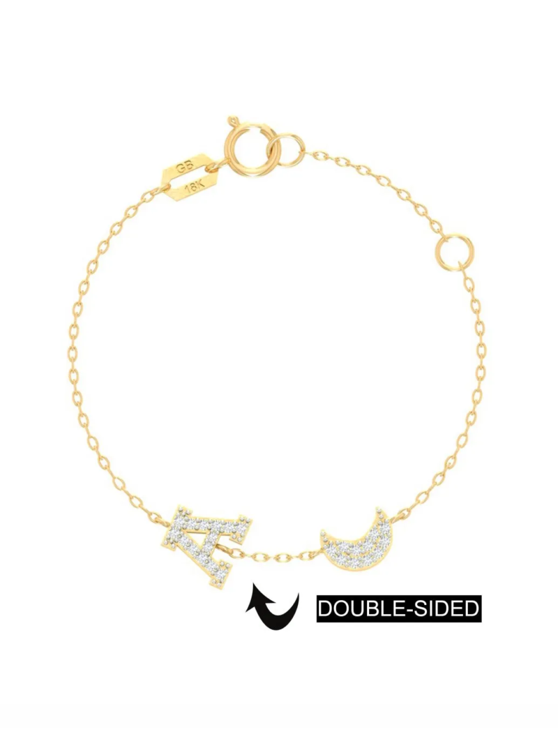 18K Gold Double Sided Initial Moon Bracelet