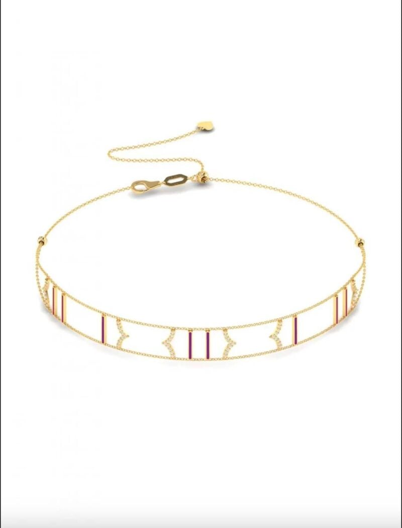 18K Gold Vertical Lines X Chevron Enamel Chocker With Sliding Ball Clasp