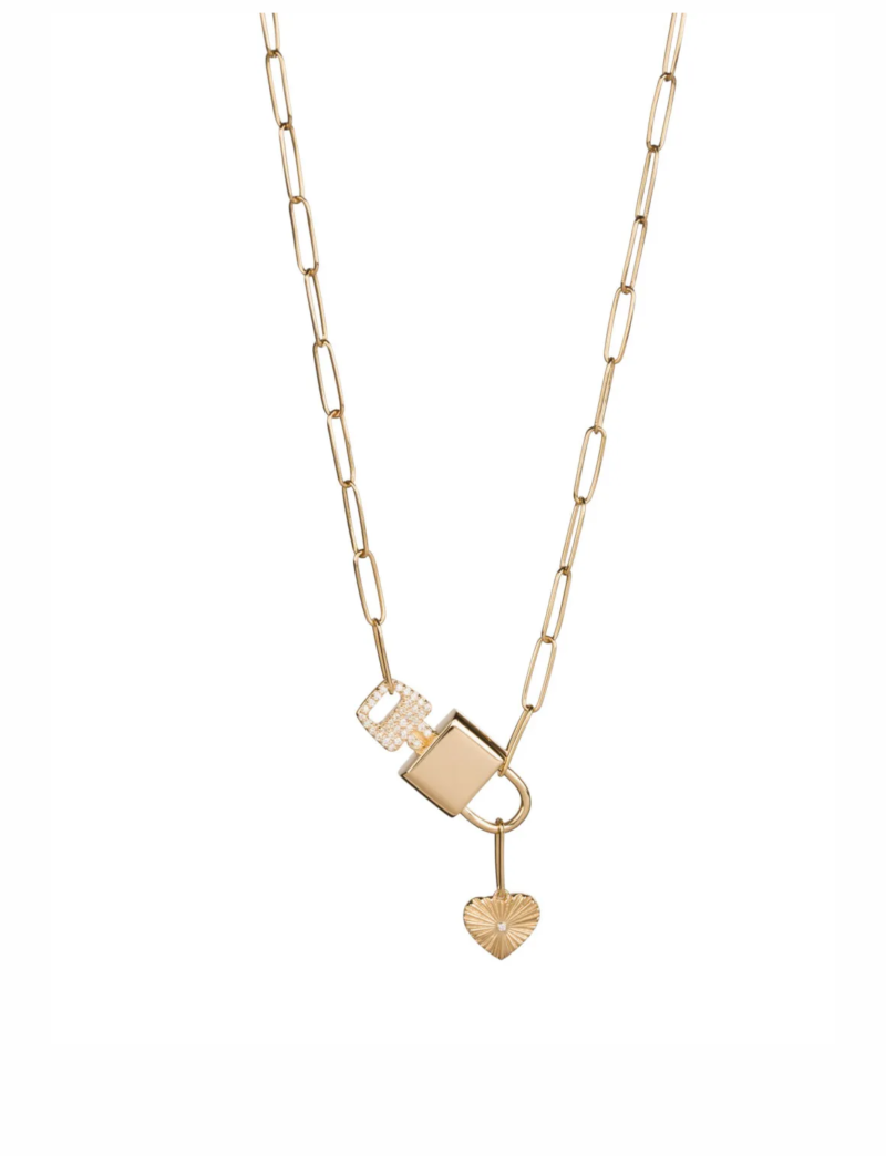 18K Gold Paper Clip Diamond Padlock & Key Necklace