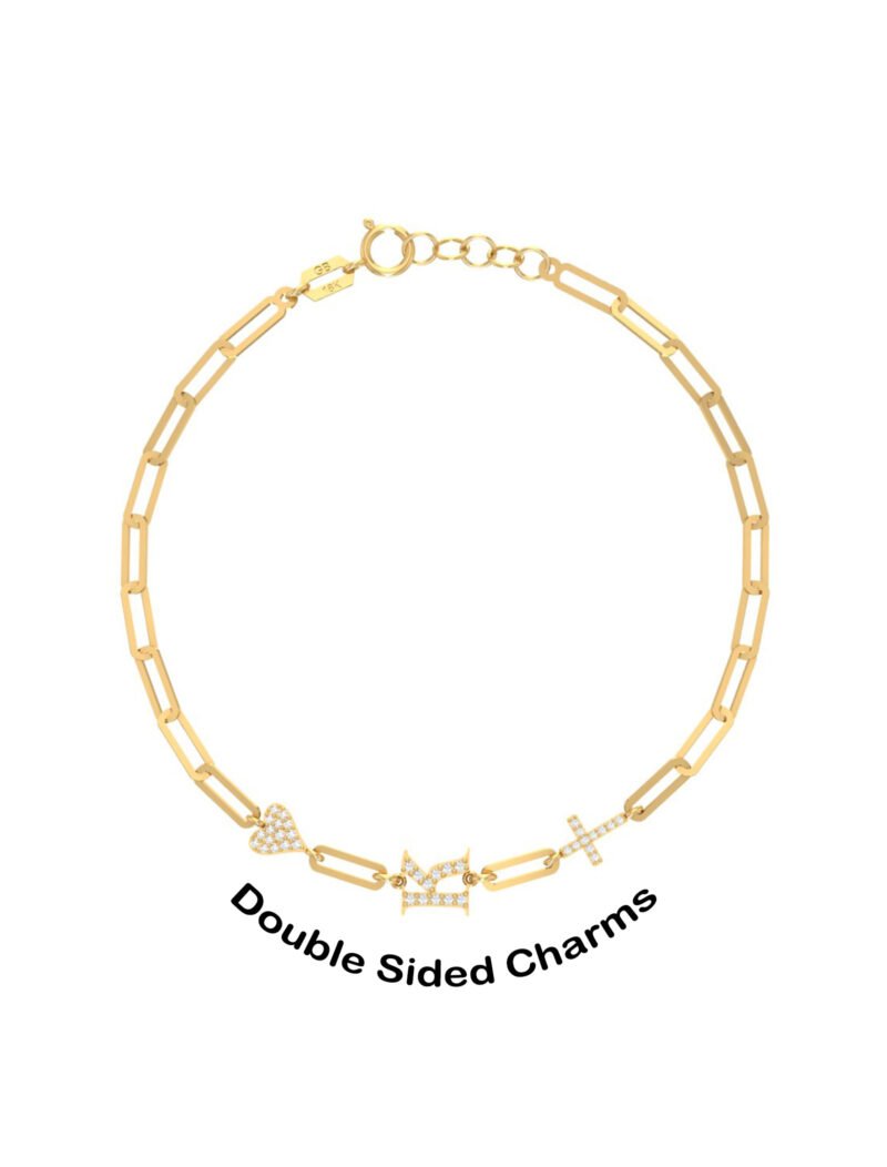 18K Gold Dainty Paperclip Bracelet with Heart, Cross & Initial