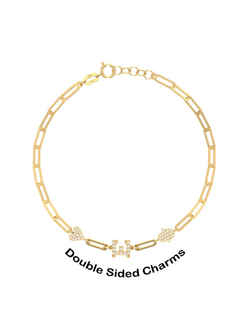 18K Gold Dainty Paperclip Bracelet with Heart, Hamsa Hand & Initial