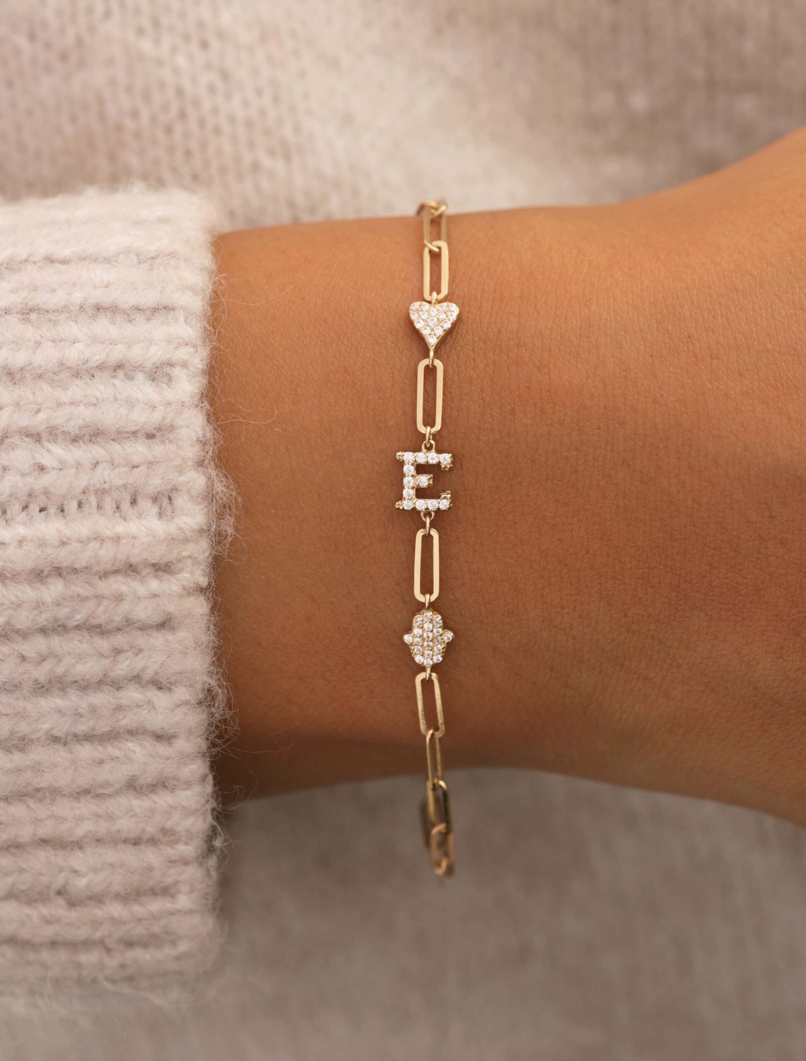 18K Gold Dainty Paperclip Bracelet with Heart, Hamsa Hand & Initial - Garo Boyadjian Jewelry