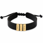 18K Gold Customized Thick Real Leather Men Bracelet - Multiple Gold Cubes