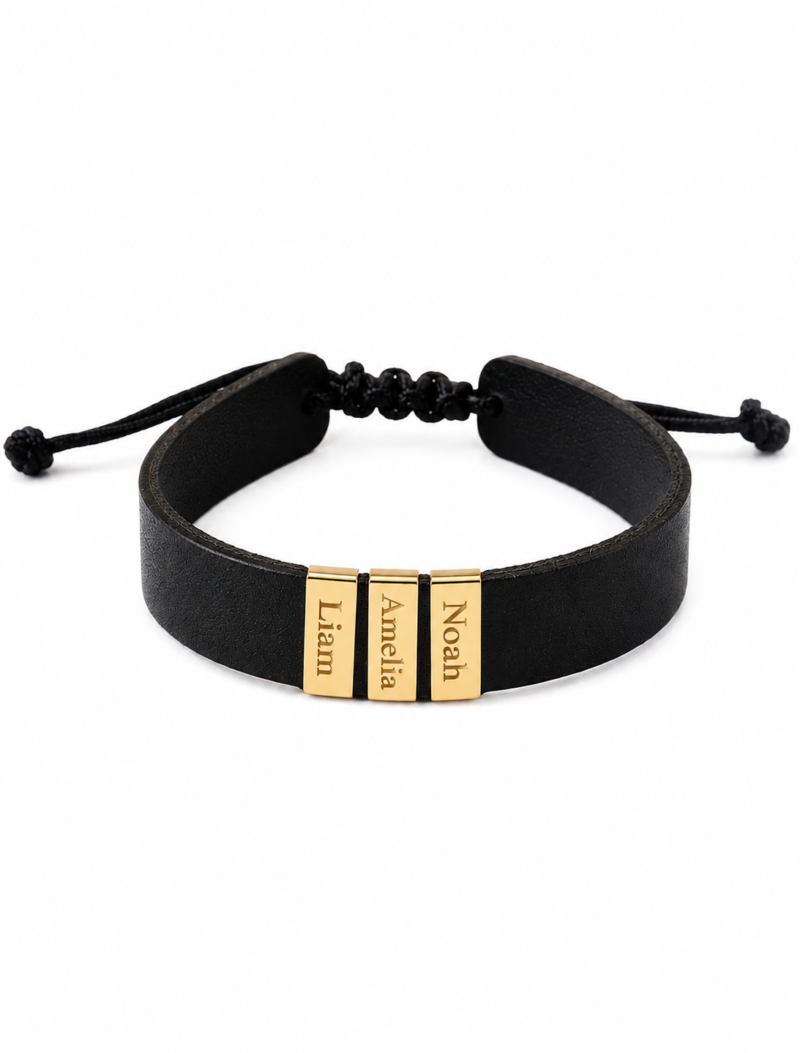 18K Gold Customized Thick Real Leather Men Bracelet - Multiple Gold Cubes