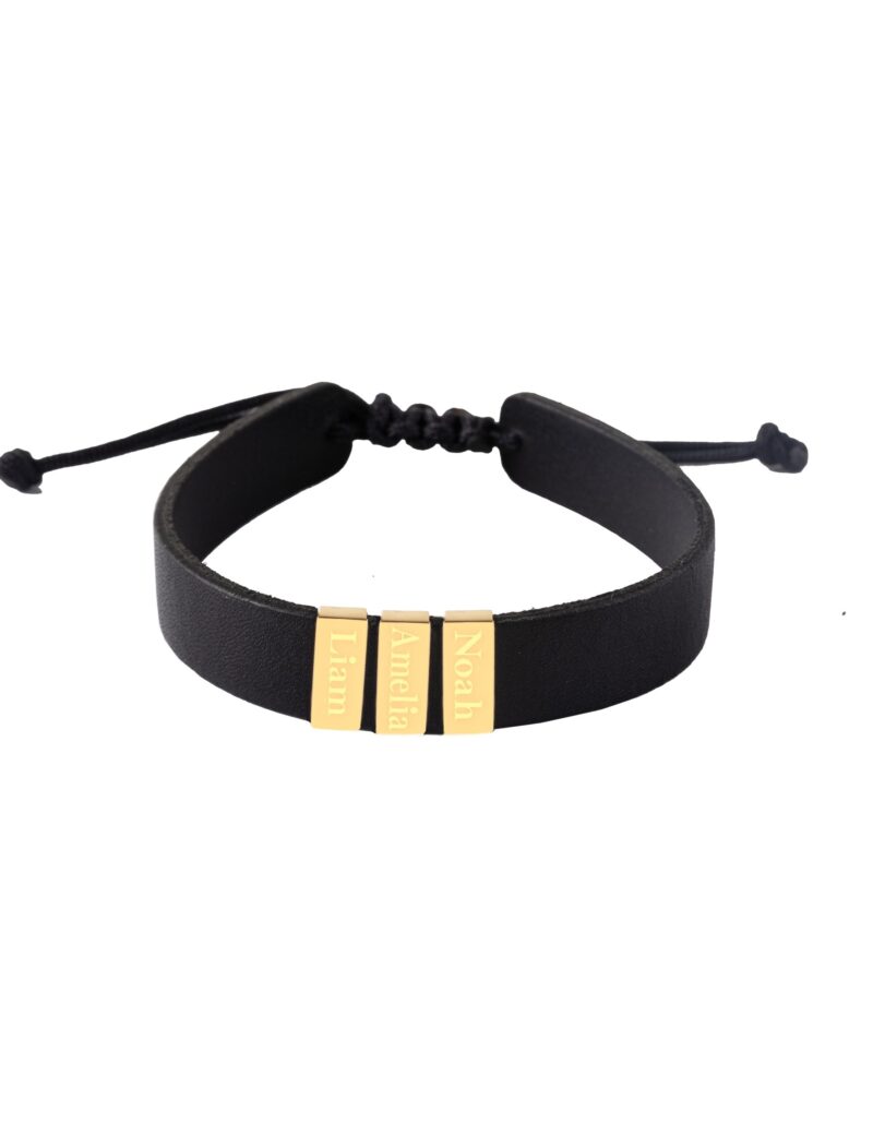 18K Gold Customized Thick Real Leather Men Bracelet - Multiple Gold Cubes