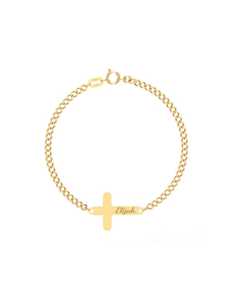 18K Gold Customized Horizontal Cross Newborn Bracelet With Cuban Link Chain