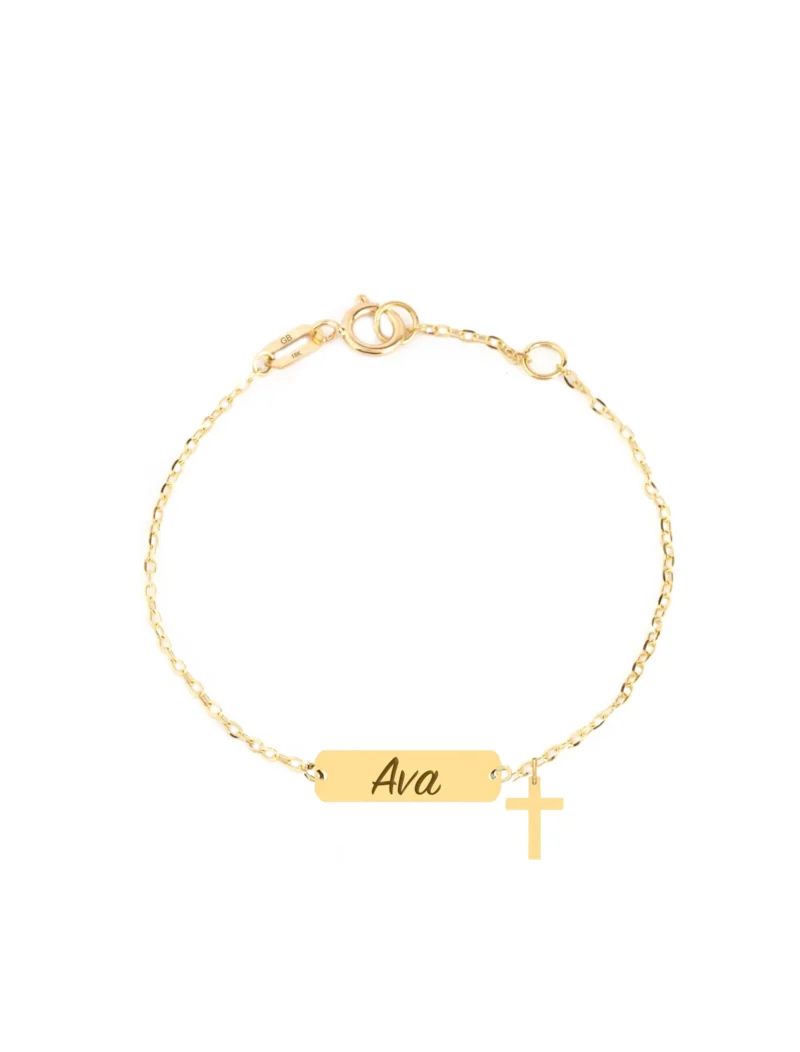 18K Gold Customized Name Plate & Cross Newborn Bracelet