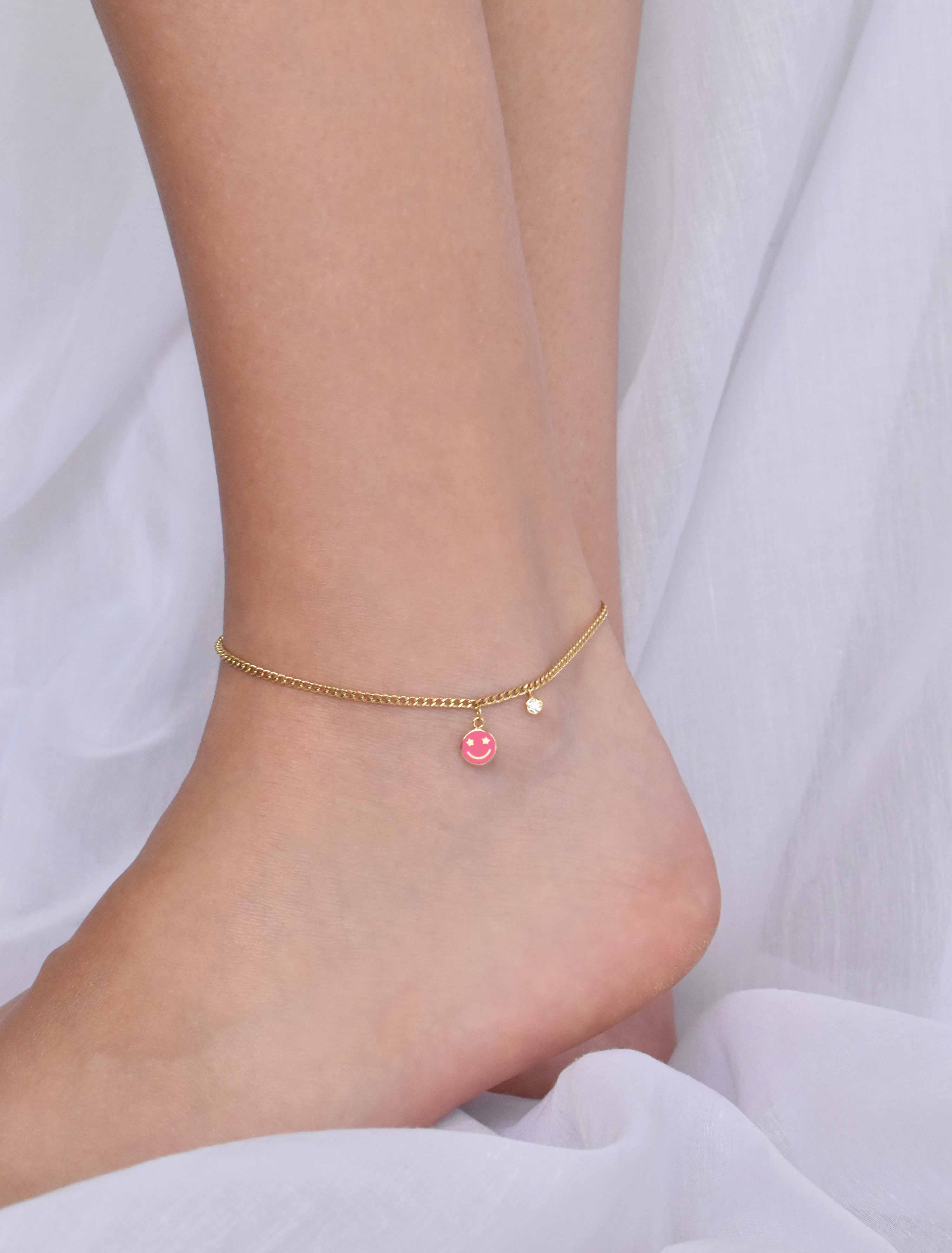 18K Gold Happy Face Emoji Enamel Anklet GA35 - Garo Boyadjian jewelry.