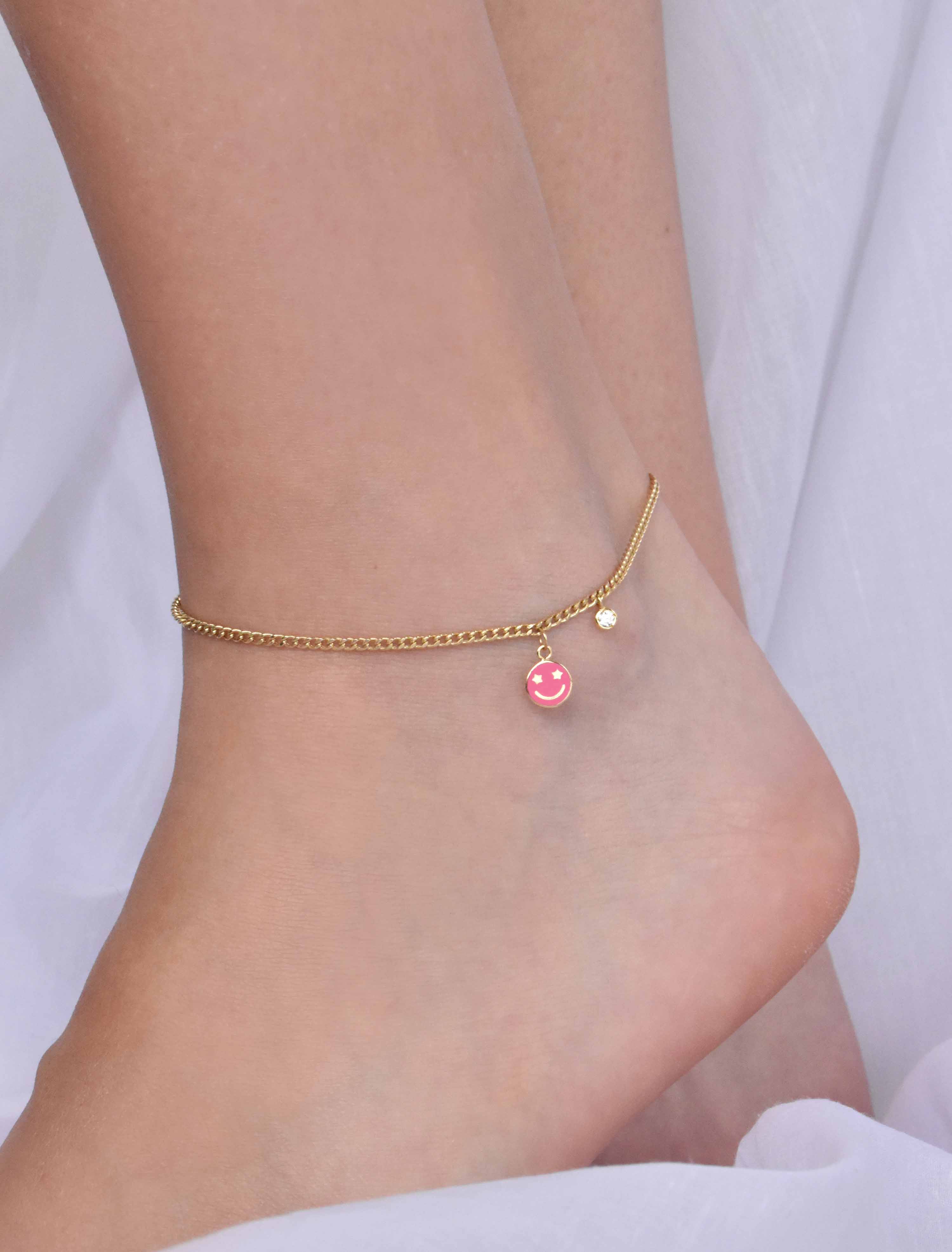 18K Gold Happy Face Emoji Enamel Anklet GA35 - Garo Boyadjian jewelry