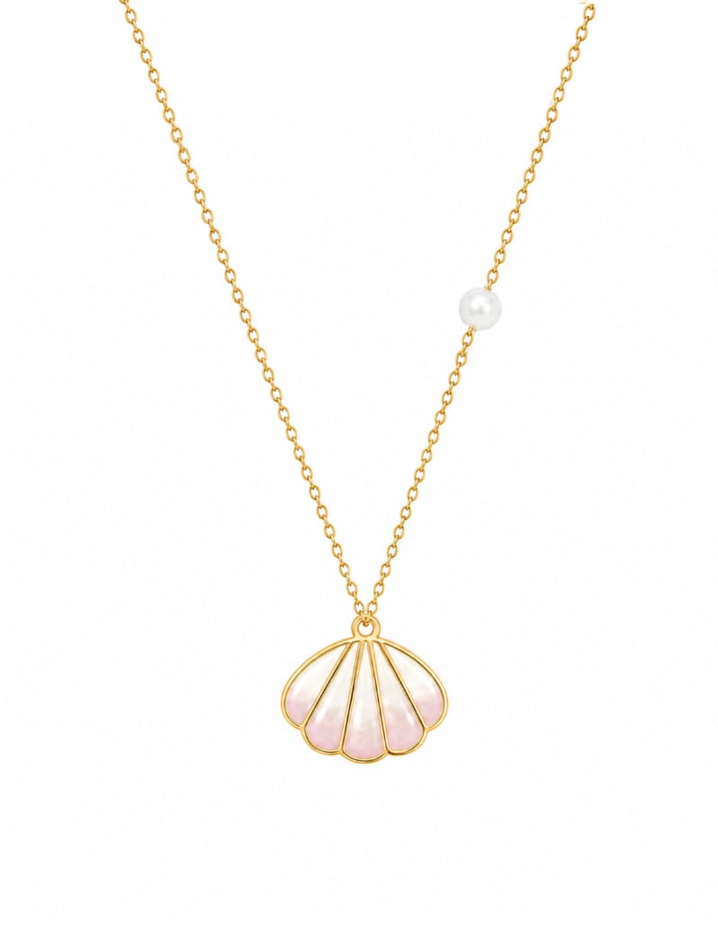 18K Gold Blush Pearl Shell Enamel Newborn Necklace