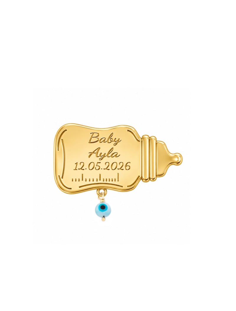 18K Gold Customized Baby Bottle & Evil Eye Newborn Pin