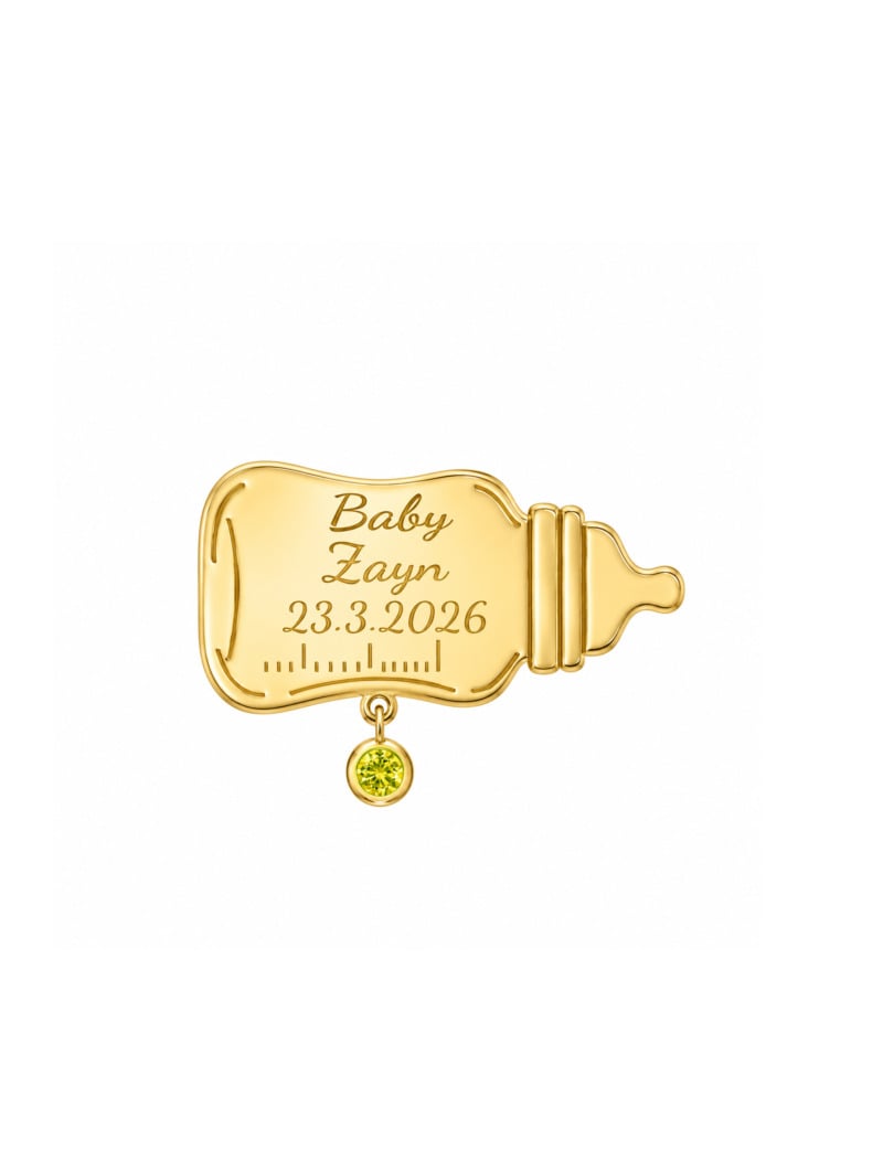 18K Gold Customized Baby Bottle & Birthstone Newborn Pin